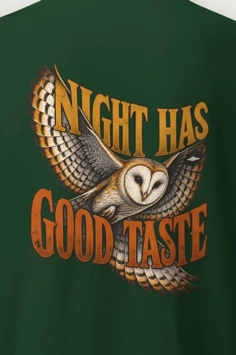 "Night Has Good Taste" Heavyweight Unisex Crewneck T-shirt - the graphic up close