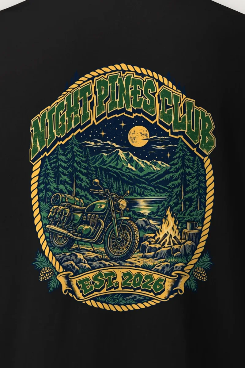 "Night Pines Club" Heavyweight Unisex Crewneck T-shirt - the graphic up close