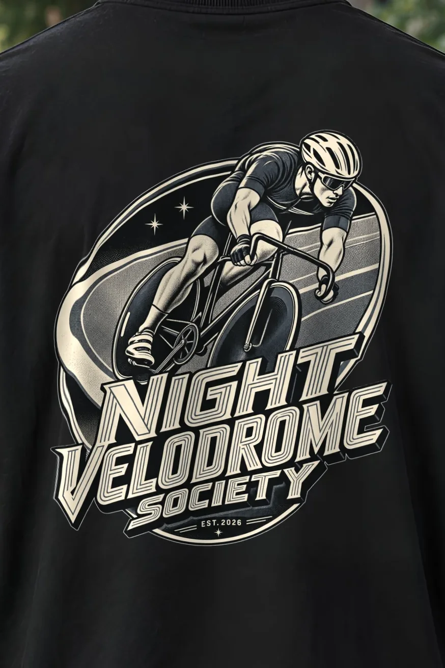"Night Velodrome Society" Men’s Oversized Heavyweight Crewneck T-Shirt - the graphic up close
