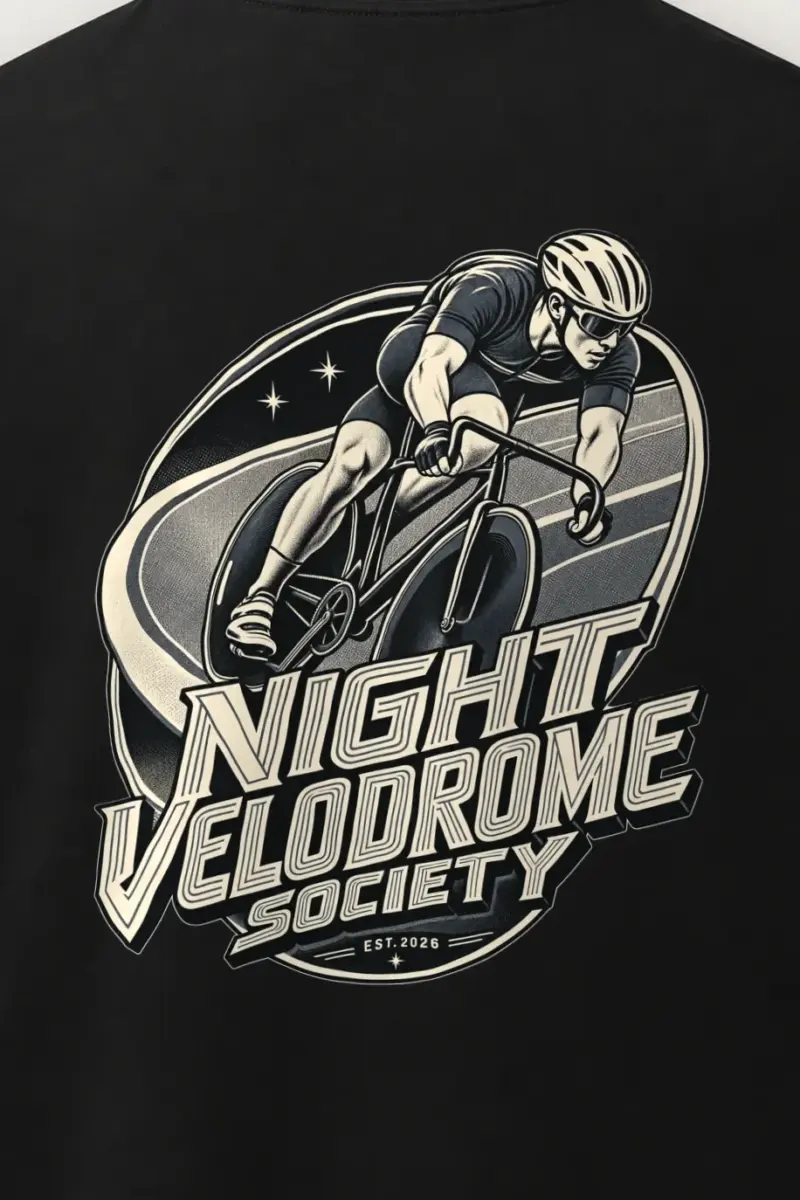 "Night Velodrome Society" Men’s Oversized Heavyweight Crewneck T-Shirt - the graphic up close