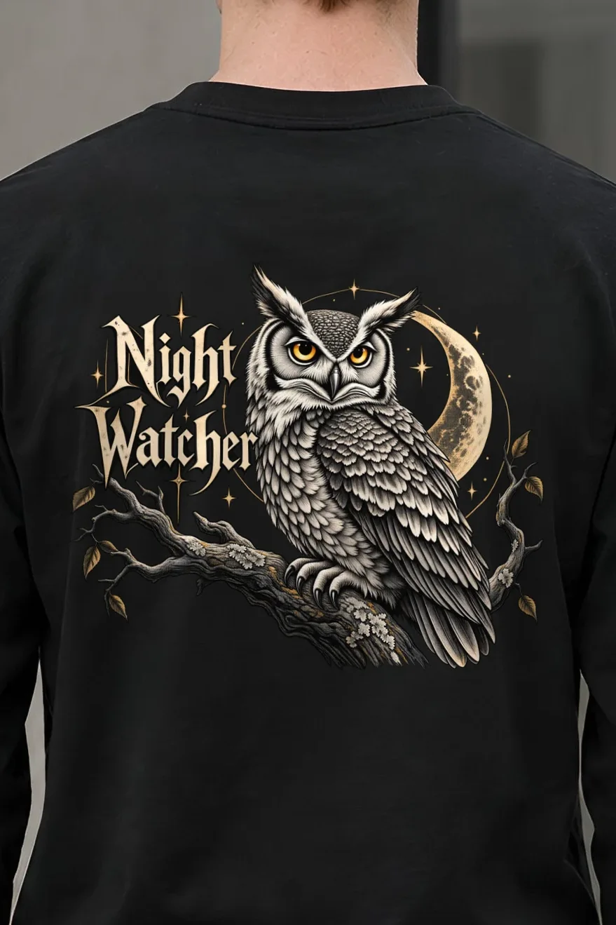 "Night Watcher Owl" Unisex Longsleeve T-shirt - the graphic up close