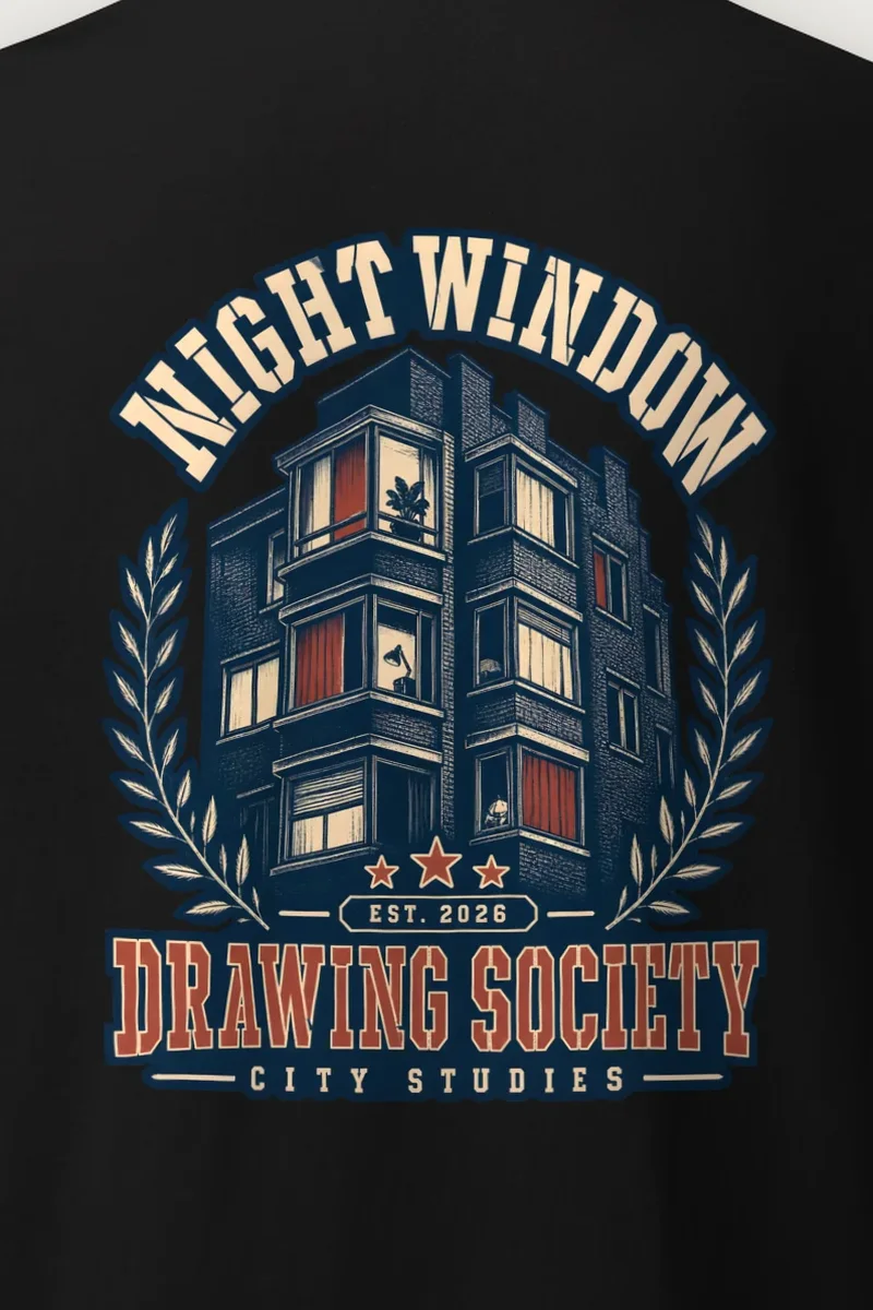 "Night Window" Heavyweight Unisex Crewneck T-shirt - the graphic up close