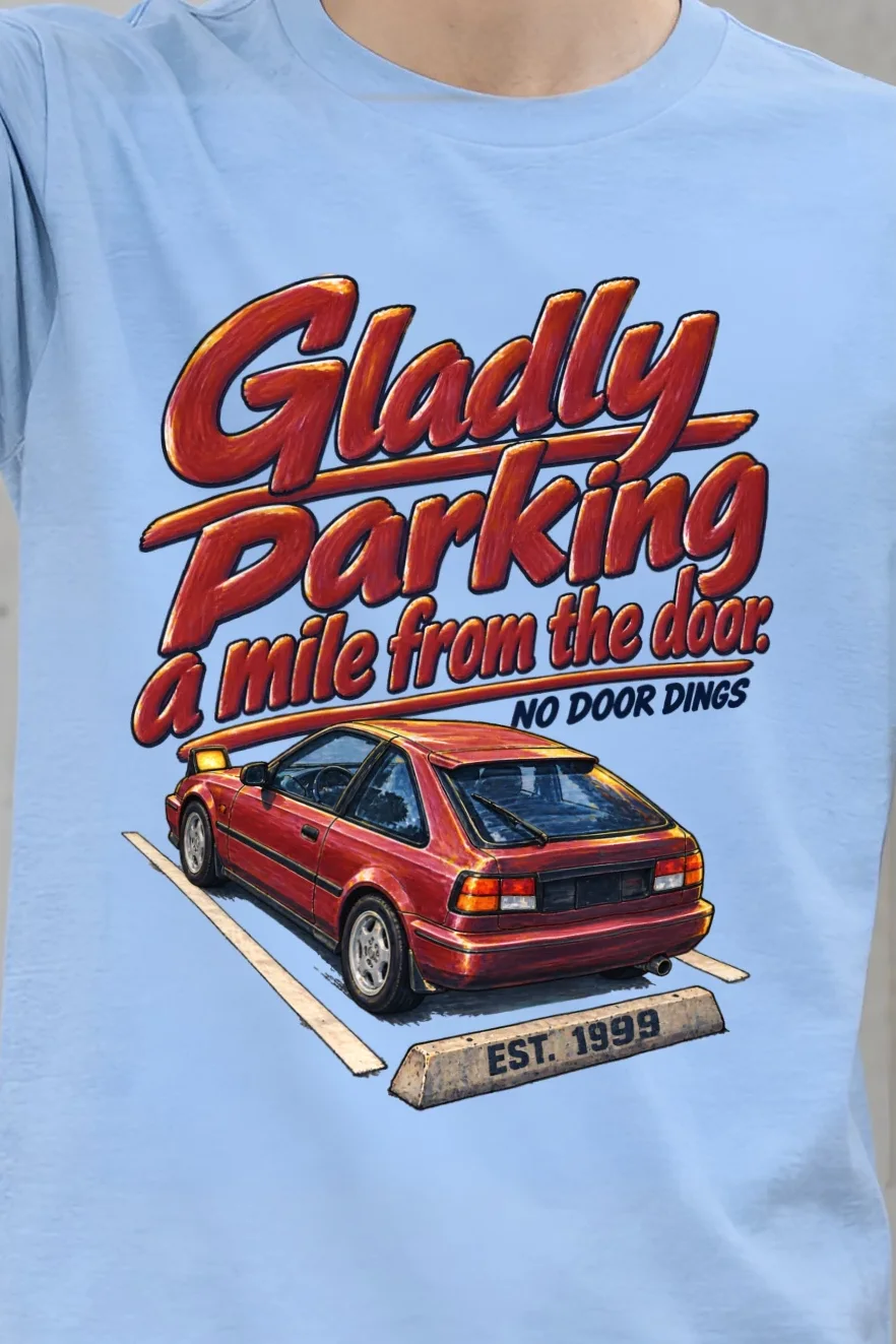 "No Door Dings" Heavyweight Unisex Crewneck T-shirt - the graphic up close