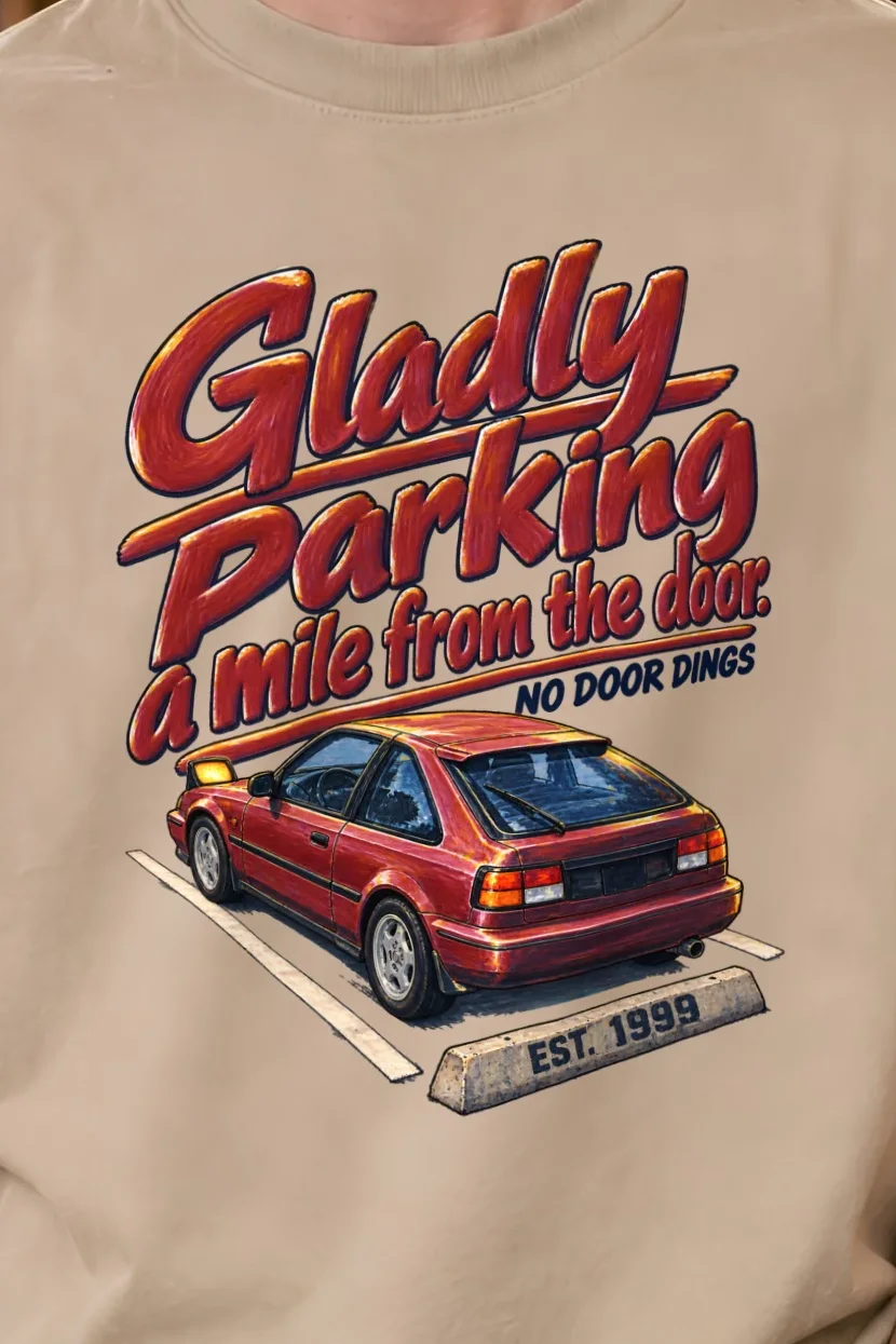 "No Door Dings" Unisex Oversized Heavyweight Crewneck T-Shirt - the graphic up close