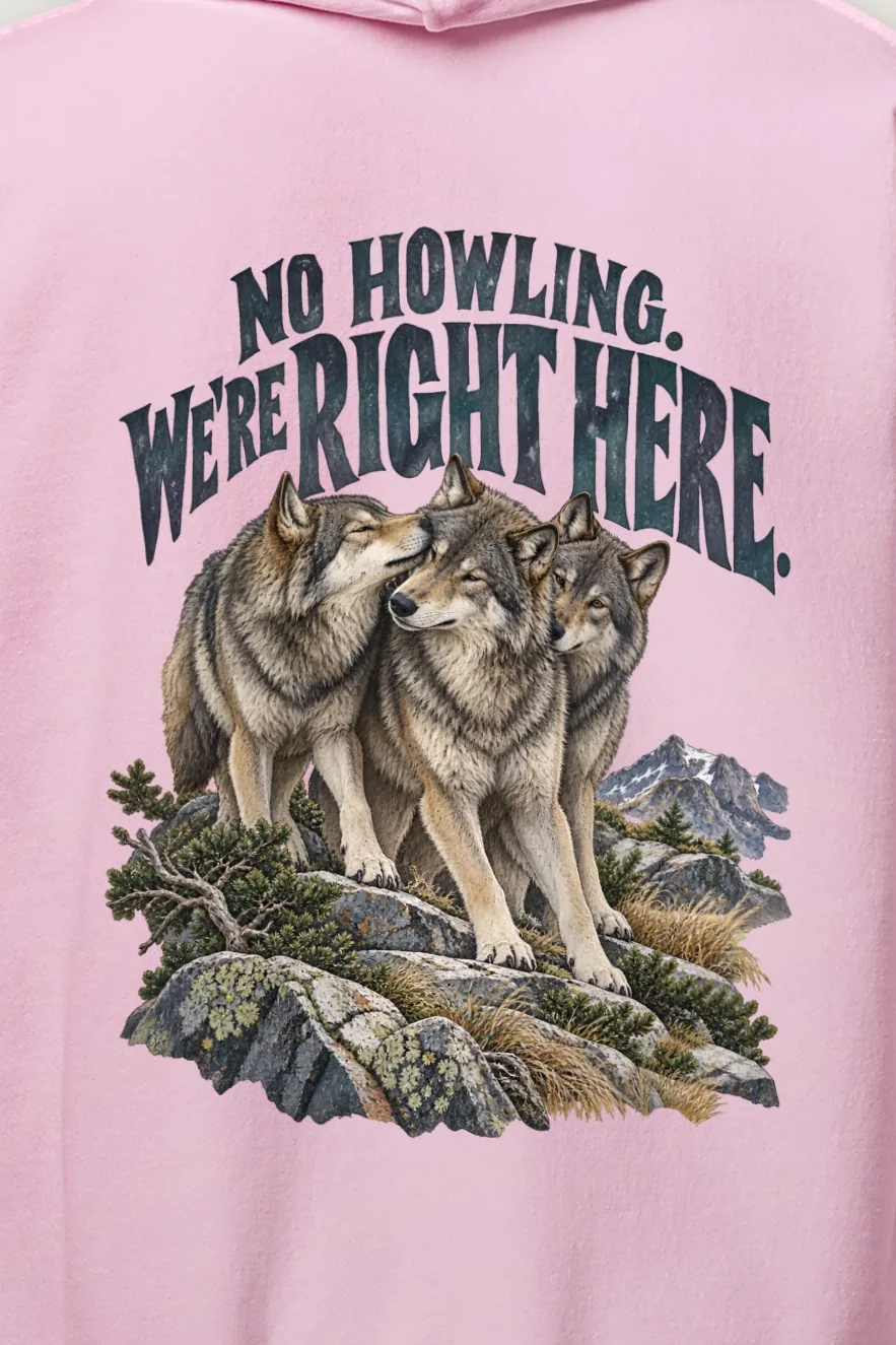 "No Howling, We’re Right Here" Heavy Blend Unisex Pullover Hoodie - the graphic up close