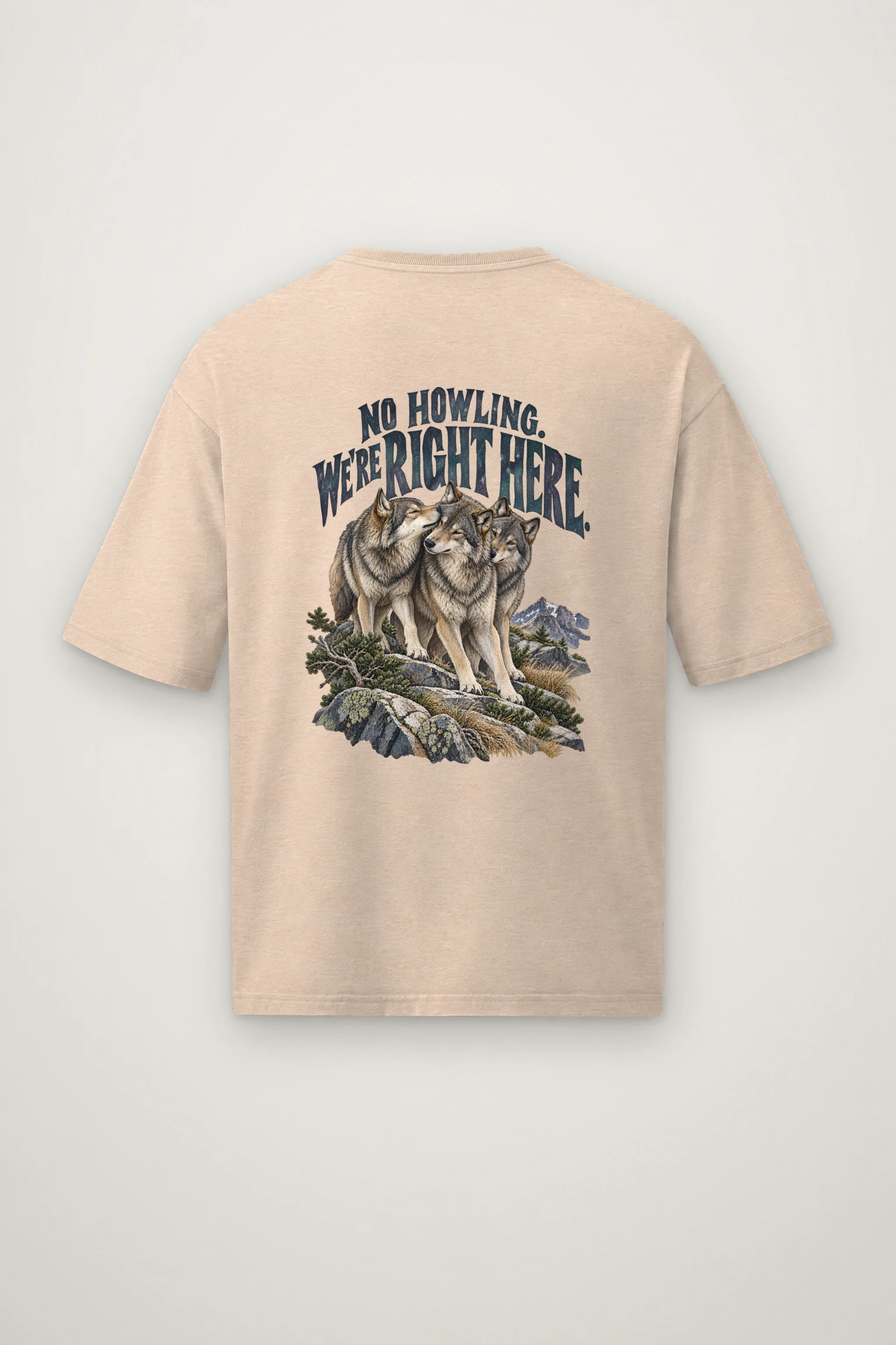 "No Howling. We're Right Here." Men's Oversized Heavyweight Crewneck T-Shirt