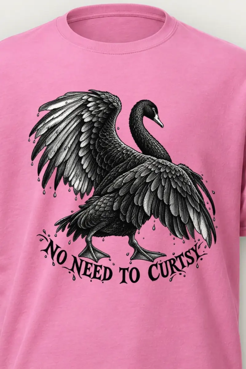 "No Need to Curtsy" Heavyweight Unisex Crewneck T-shirt - the graphic up close