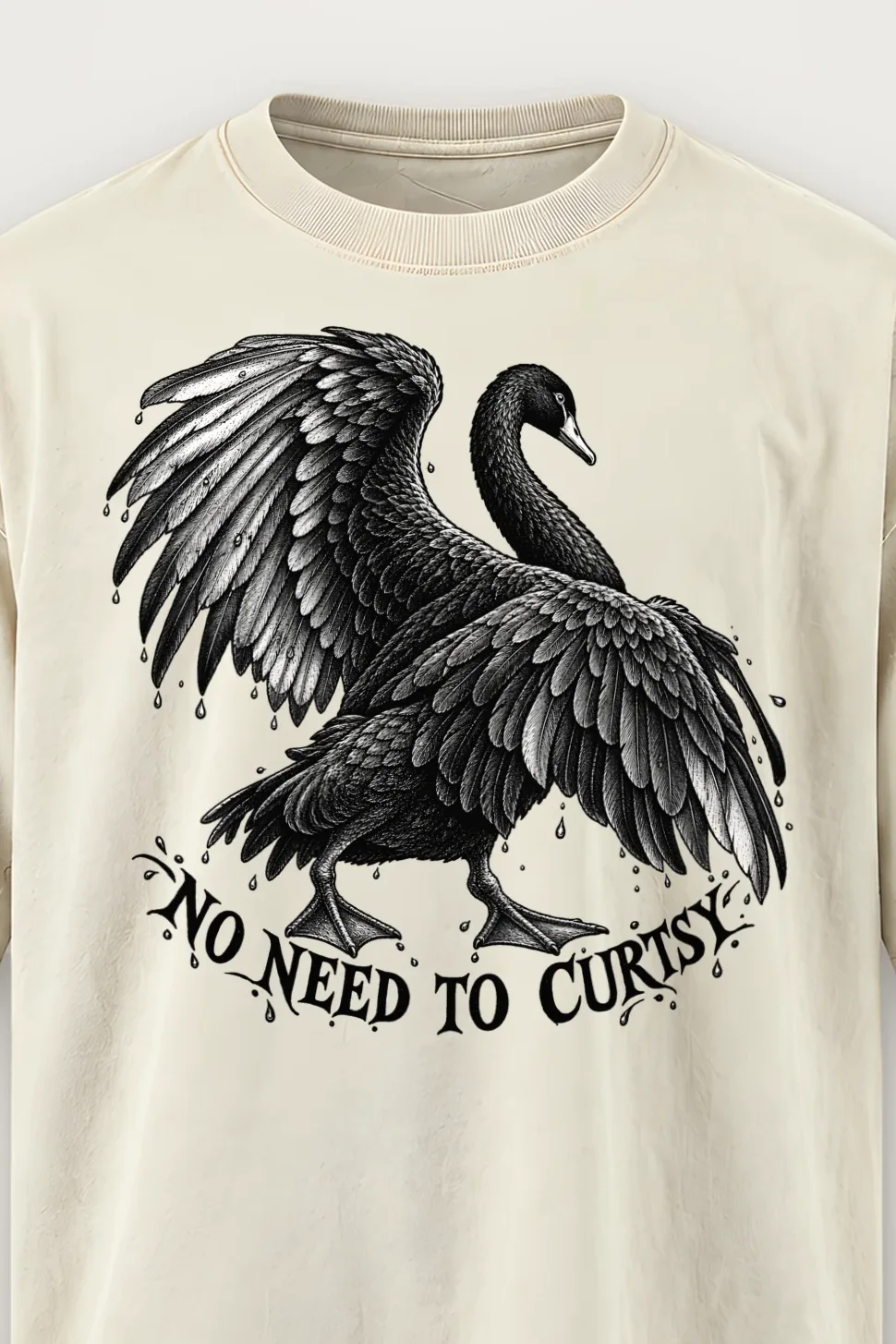 "No Need to Curtsy" Men’s Oversized Heavyweight Crewneck T-Shirt - the graphic up close