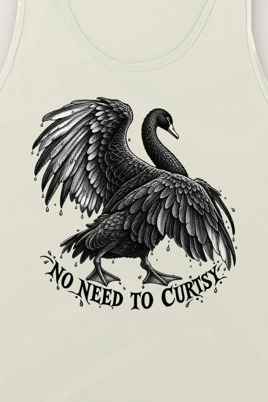 "No Need to Curtsy" Unisex Jersey Tank - the graphic up close