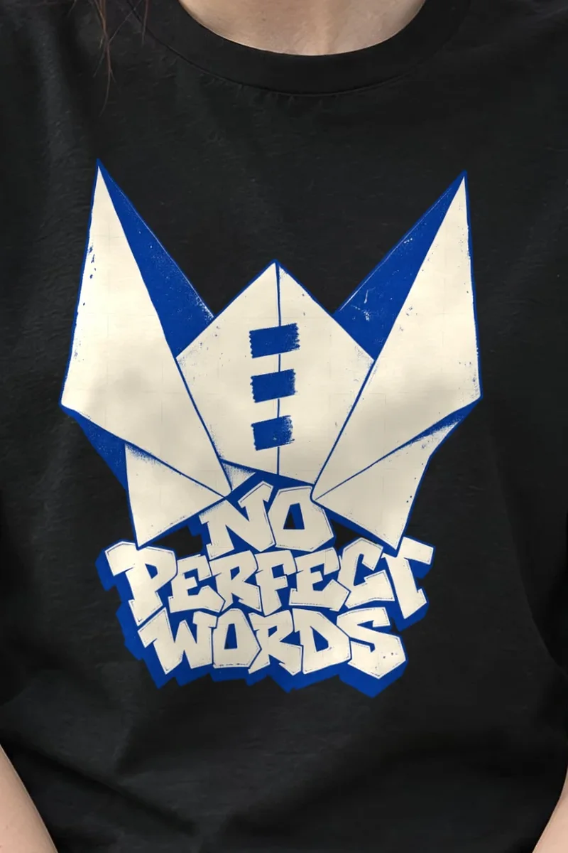"NO PERFECT WORDS" Heavyweight Unisex Crewneck T-shirt - the graphic up close
