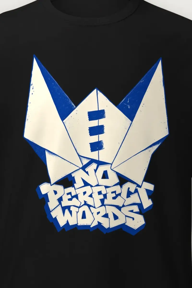 "NO PERFECT WORDS" Heavyweight Unisex Crewneck T-shirt - the graphic up close