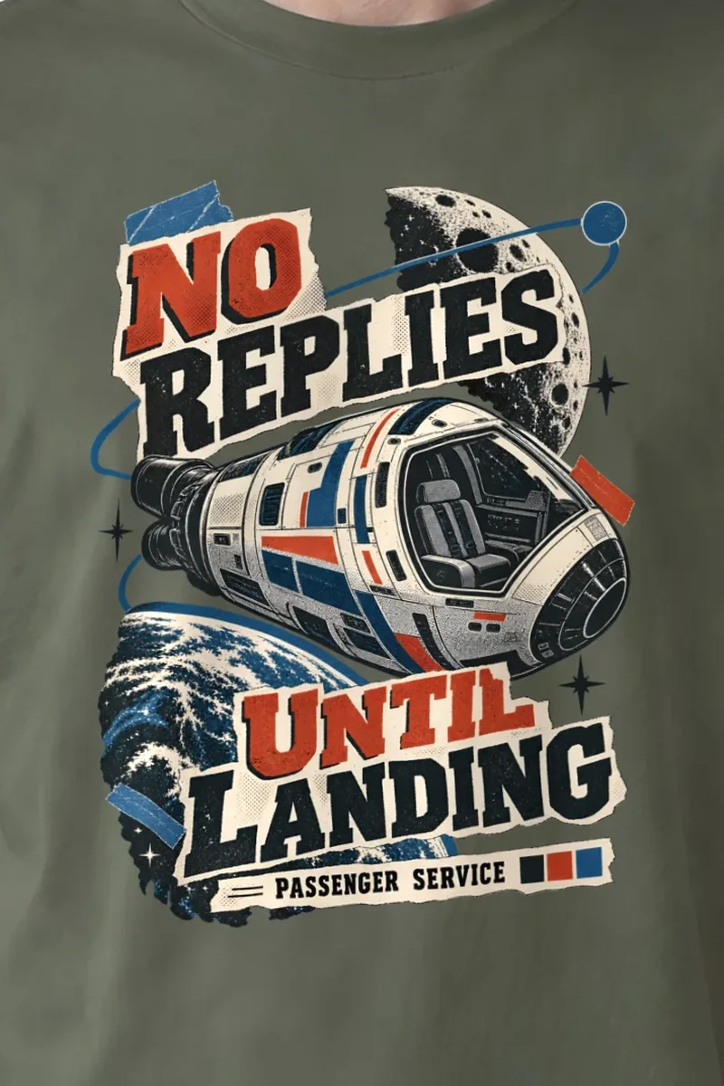"No Replies Until Landing" Heavyweight Unisex Crewneck T-shirt - the graphic up close