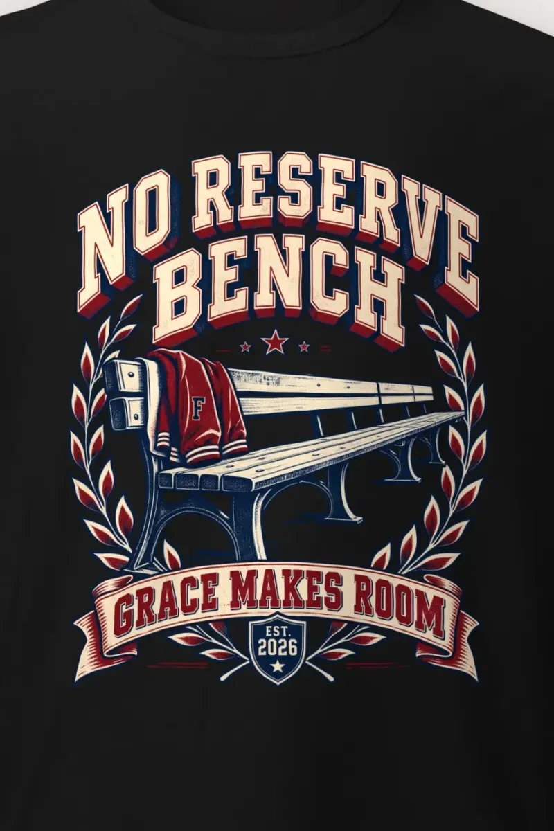 "No Reserve Bench" Heavyweight Unisex Crewneck T-shirt - the graphic up close