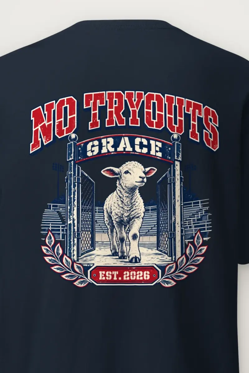 "No Tryouts Grace" Heavyweight Unisex Crewneck T-shirt - the graphic up close