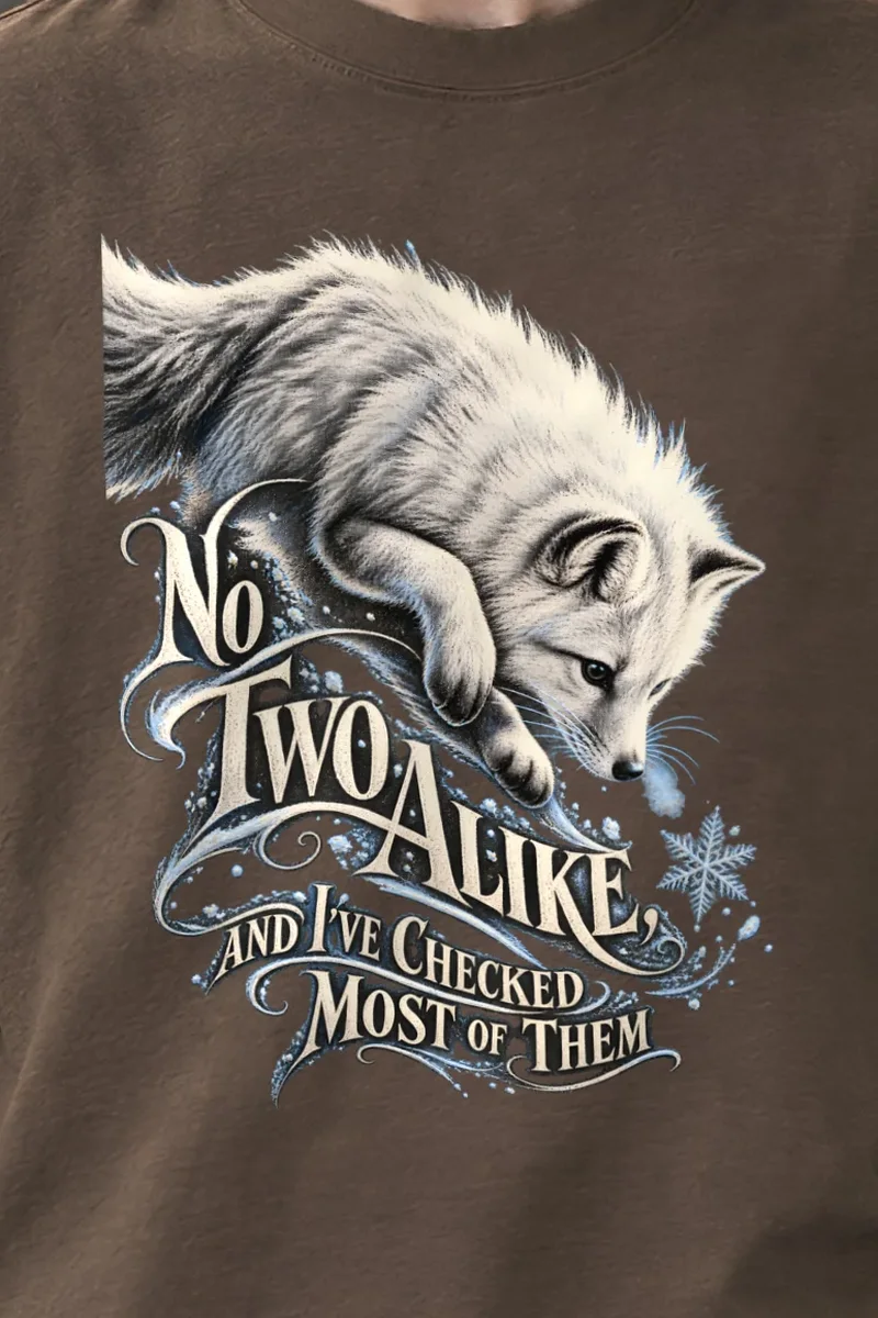 "No Two Alike Arctic Fox" Unisex Oversized Heavyweight Crewneck T-Shirt - the graphic up close