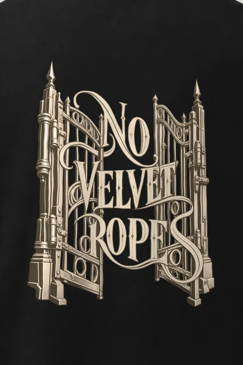 "No Velvet Ropes" Men’s Oversized Heavyweight Crewneck T-Shirt - the graphic up close