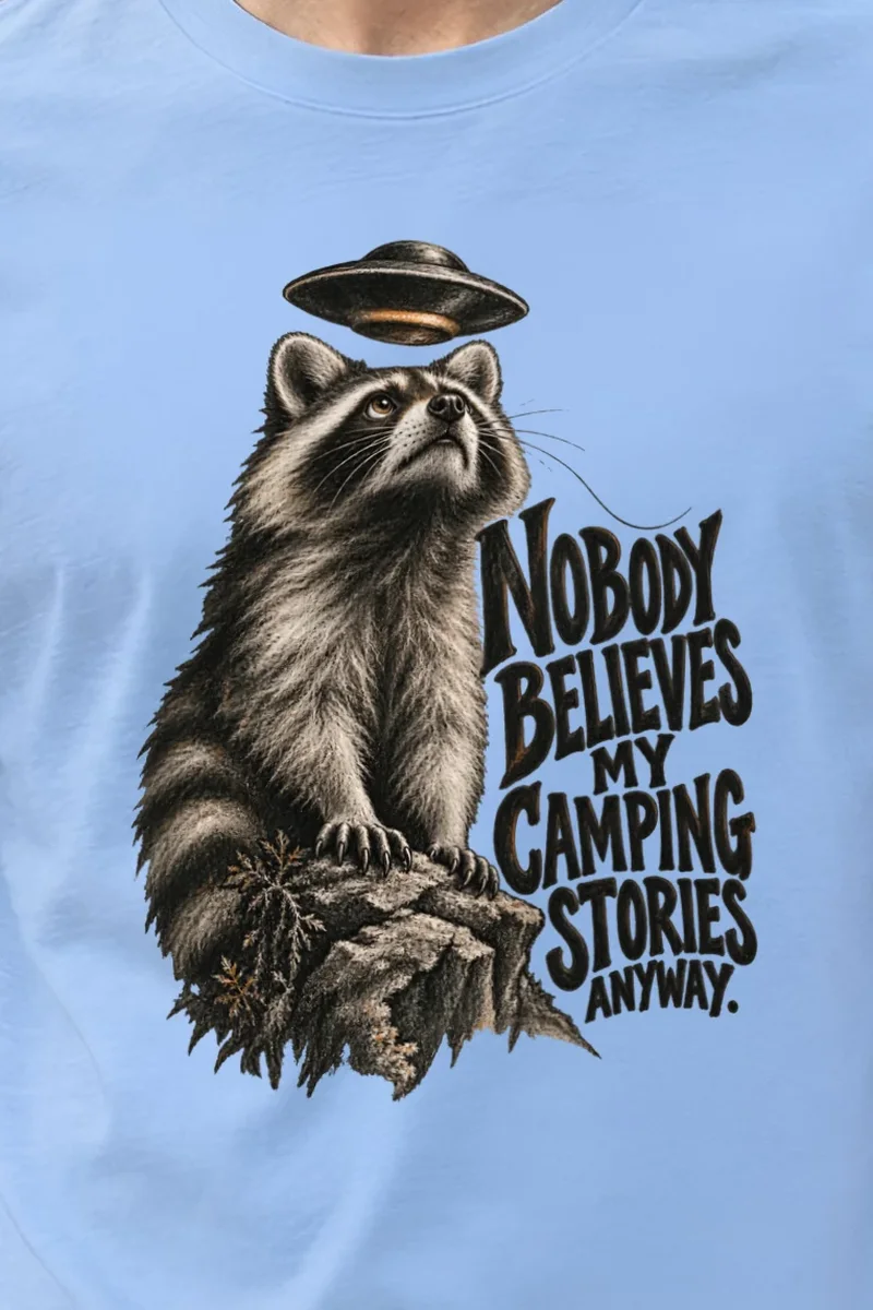 "Nobody Believes My Camping Stories" Heavyweight Unisex Crewneck T-shirt - the graphic up close