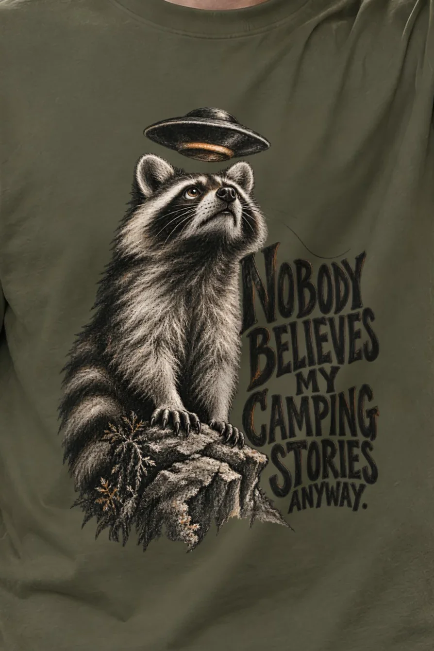 "Nobody Believes My Camping Stories" Unisex Longsleeve T-shirt - the graphic up close