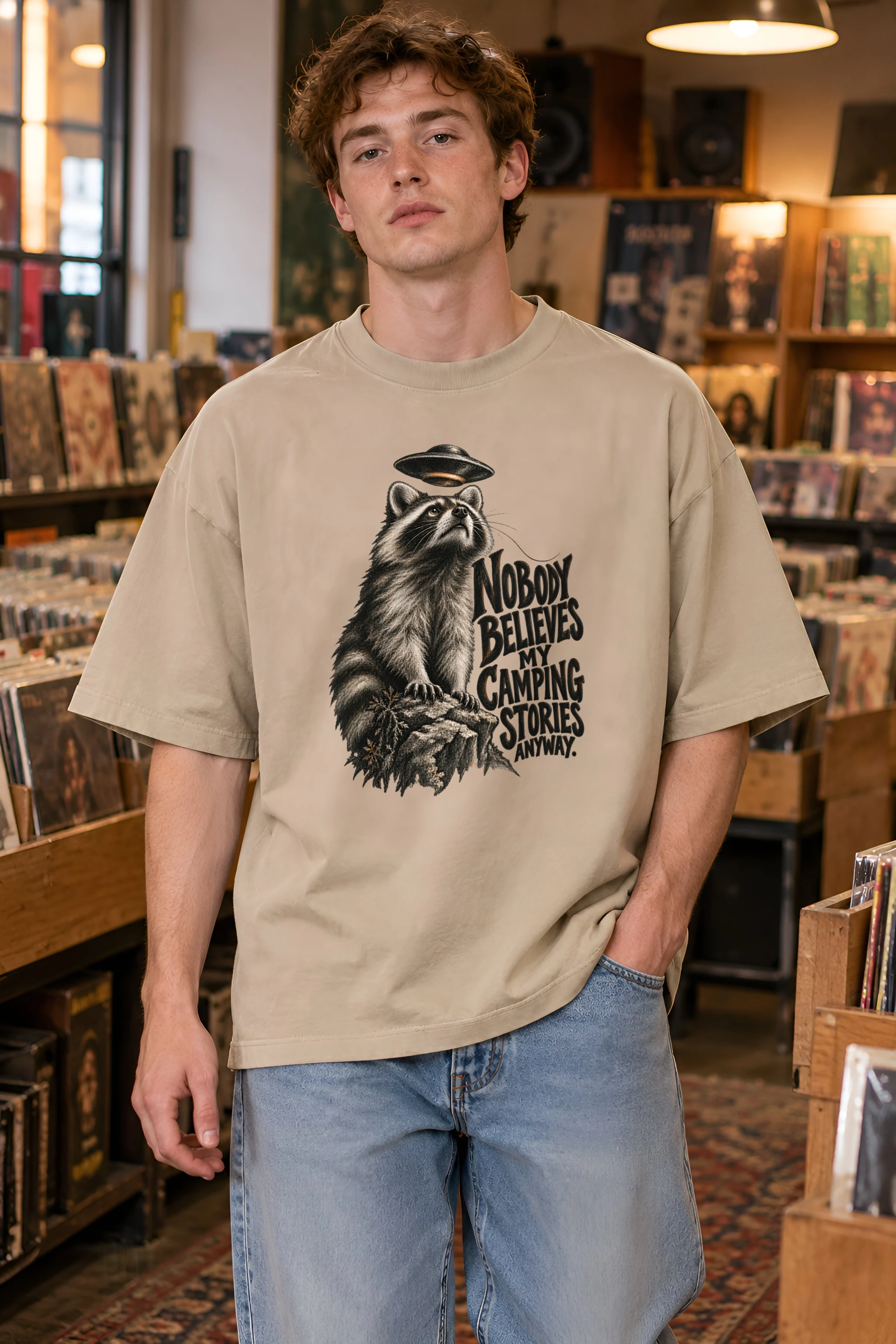 "Nobody Believes My Camping Stories" Unisex Oversized Heavyweight Crewneck T-Shirt