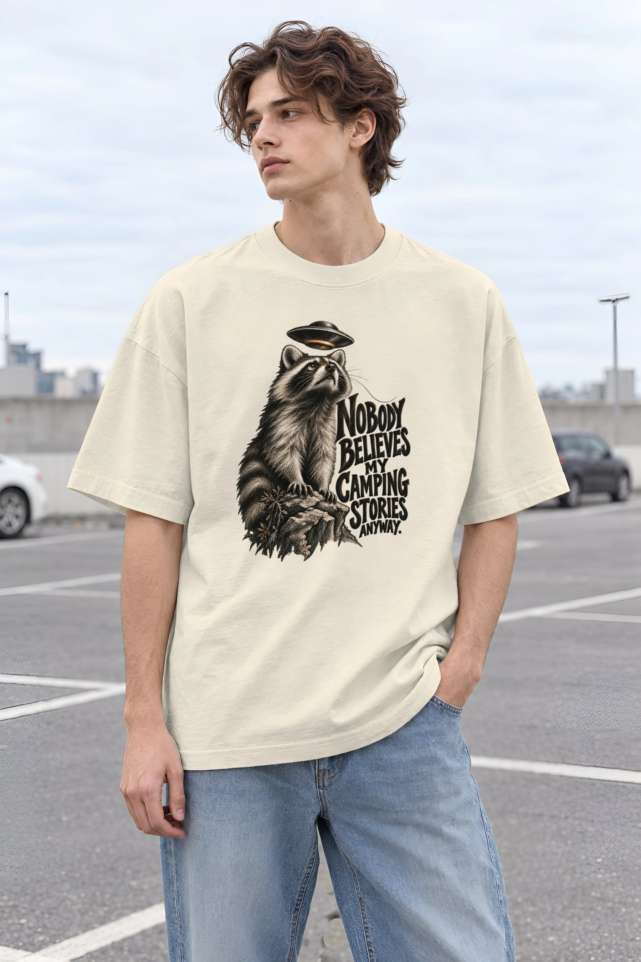 "Nobody Believes My Camping Stories" Unisex Oversized Heavyweight Crewneck T-Shirt