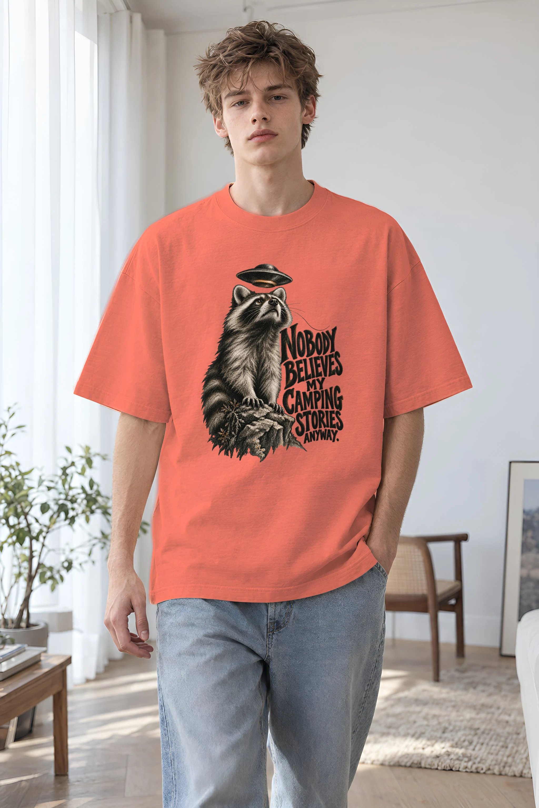"Nobody Believes My Camping Stories" Unisex Oversized Heavyweight Crewneck T-Shirt