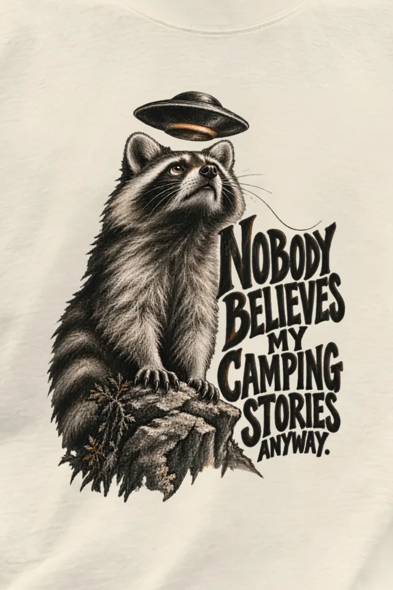 "Nobody Believes My Camping Stories" Unisex Oversized Heavyweight Crewneck T-Shirt - the graphic up close