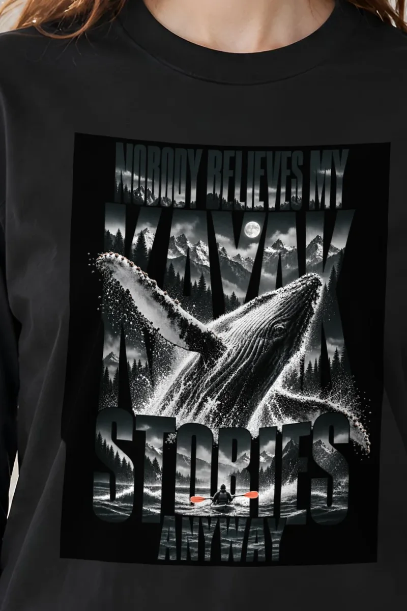 "Nobody Believes My Kayak Stories" Unisex Longsleeve T-shirt - the graphic up close