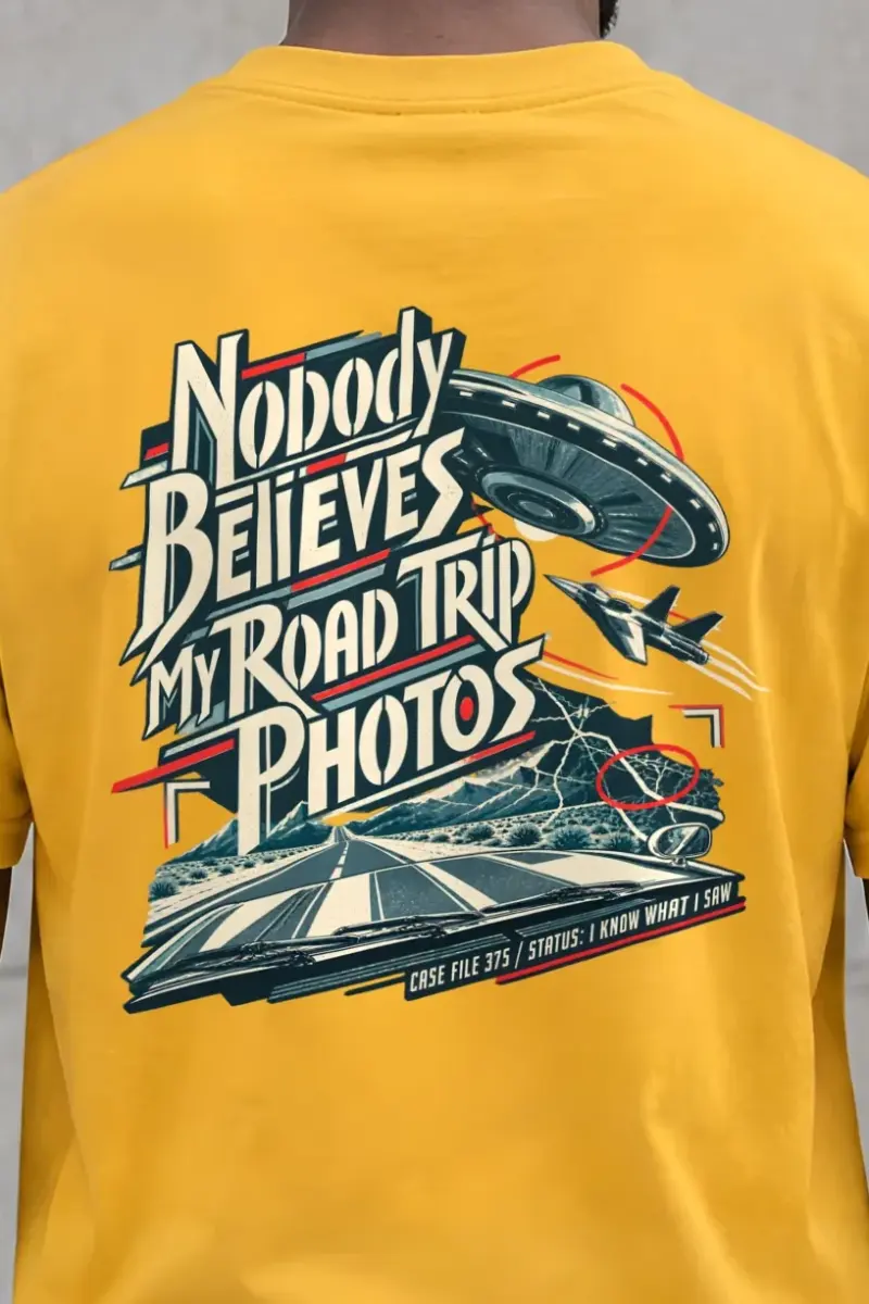 "Nobody Believes My Road Trip Photos" Heavyweight Unisex Crewneck T-shirt - the graphic up close