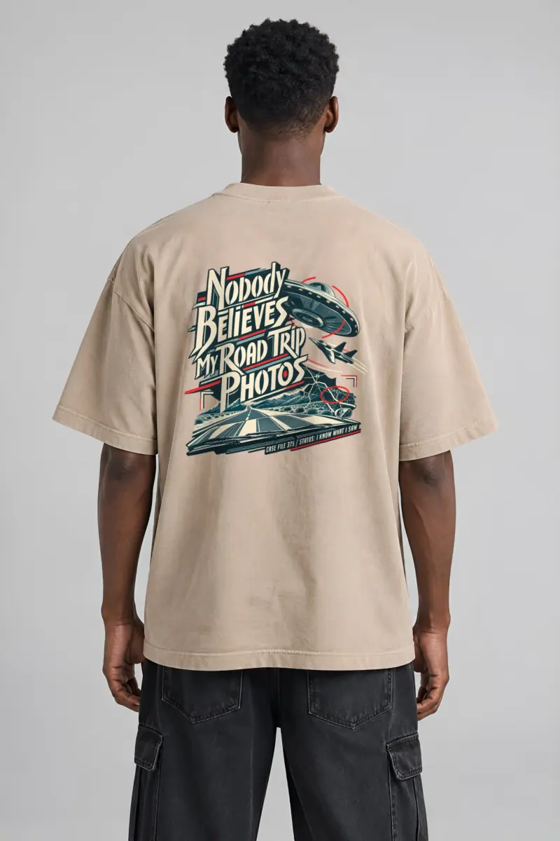 “Nobody Believes My Road Trip Photos” Men’s Oversized Heavyweight Crewneck T-Shirt