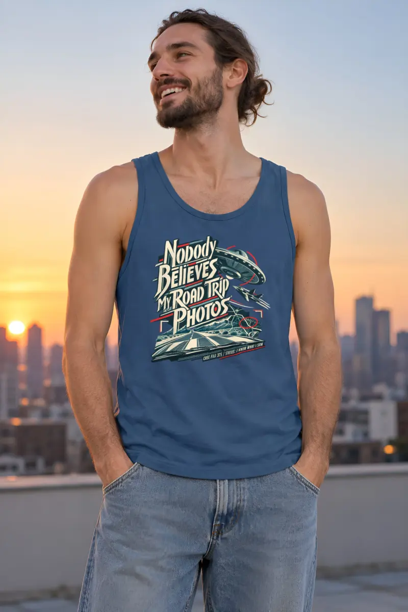 “Nobody Believes My Road Trip Photos” Unisex Jersey Tank