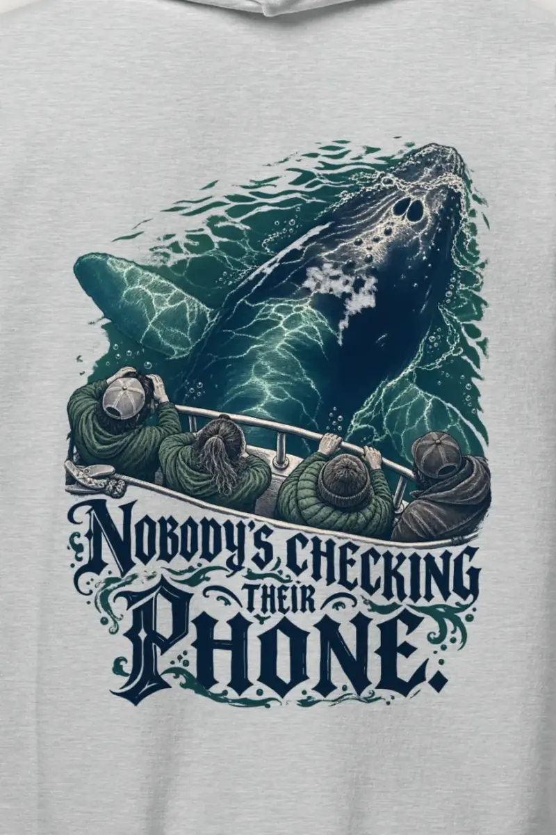 "Nobody’s Checking Their Phone" Heavy Blend Unisex Pullover Hoodie - the graphic up close