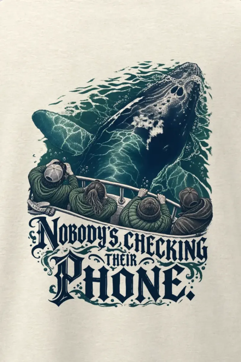 "Nobody’s Checking Their Phone" Men’s Oversized Heavyweight Crewneck T-Shirt - the graphic up close