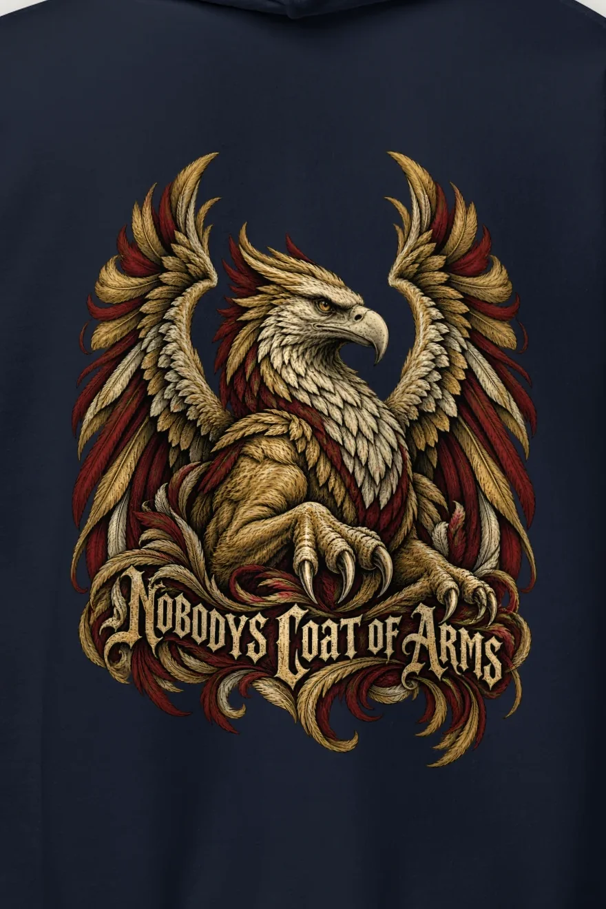 "Nobodys Coat of Arms" Heavy Blend Unisex Pullover Hoodie - the graphic up close