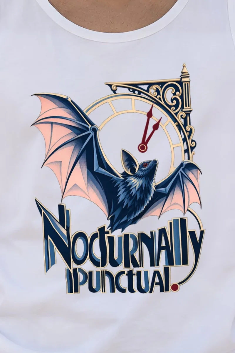 "Nocturnally Punctual" Unisex Jersey Tank - the graphic up close