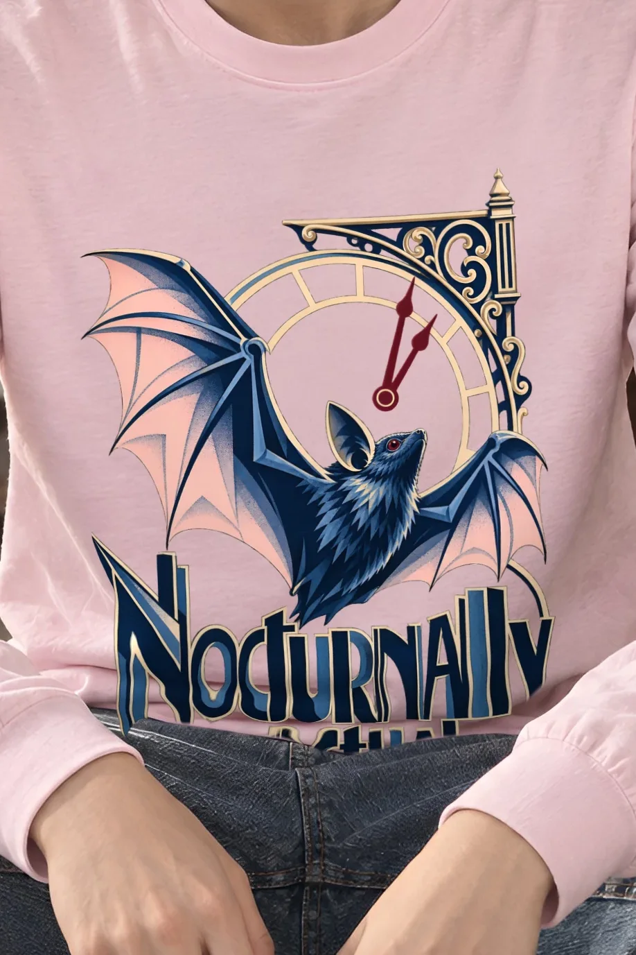 "Nocturnally Punctual" Unisex Longsleeve T-shirt - the graphic up close