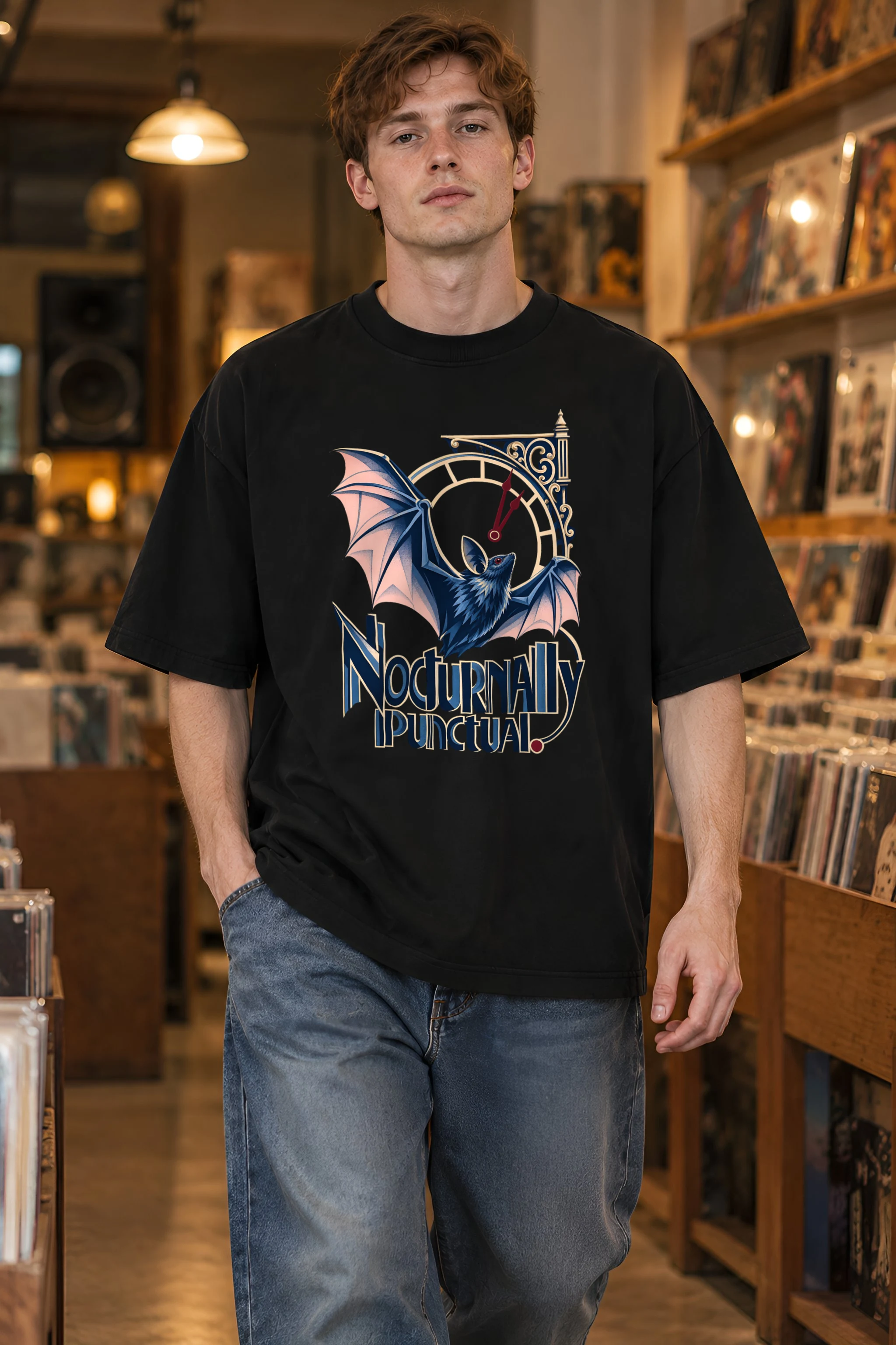 "Nocturnally Punctual" Unisex Oversized Heavyweight Crewneck T-Shirt