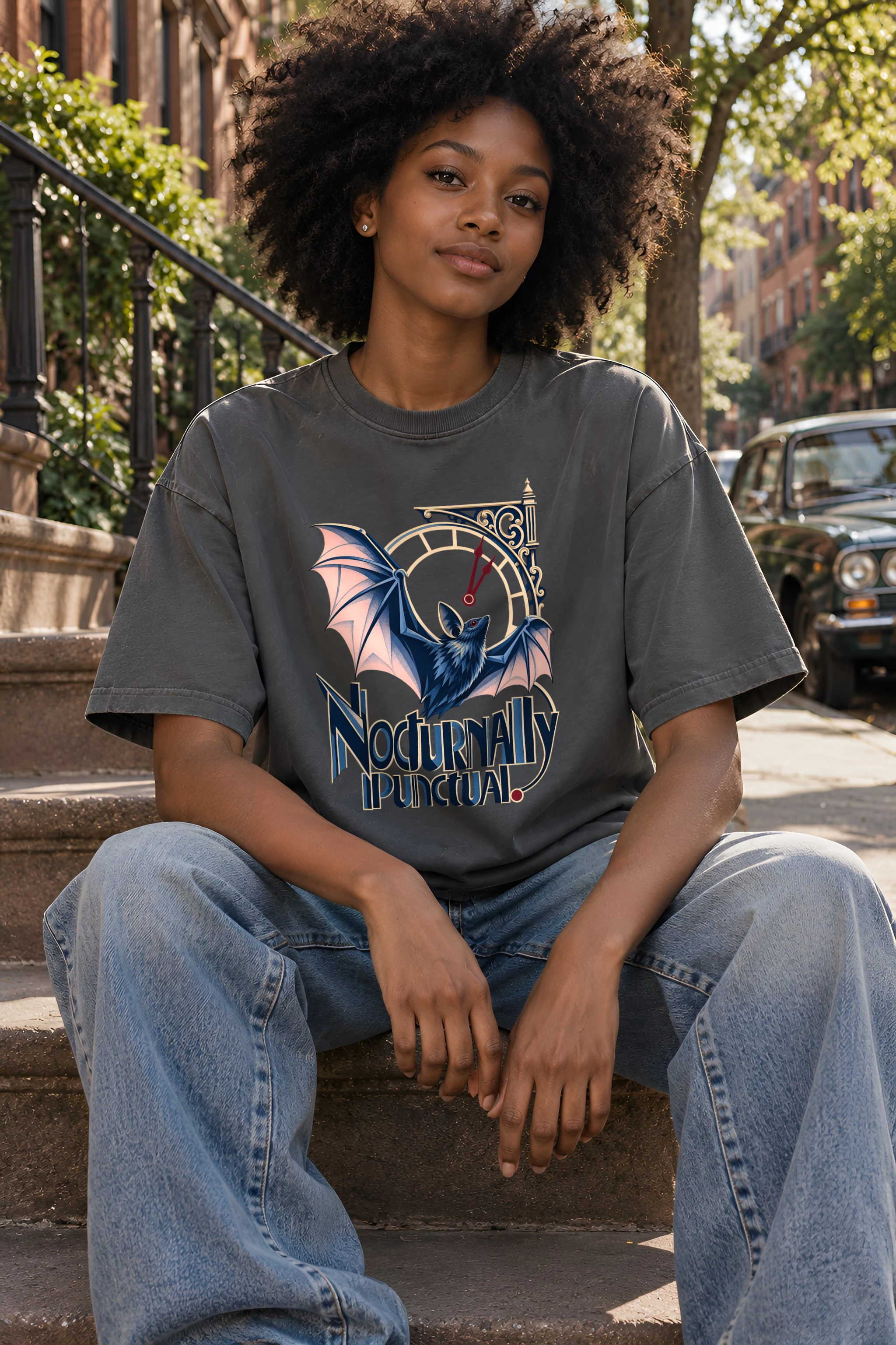 "Nocturnally Punctual" Unisex Oversized Heavyweight Crewneck T-Shirt
