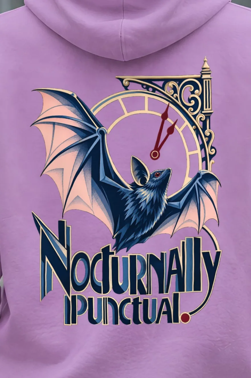 "Nocturnally Punctual" Unisex Pullover Hoodie - the graphic up close