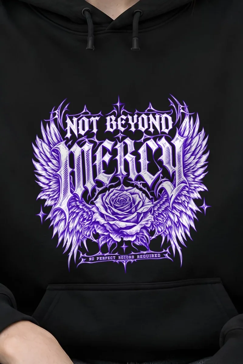 "Not Beyond Mercy" Heavy Blend Unisex Pullover Hoodie - the graphic up close
