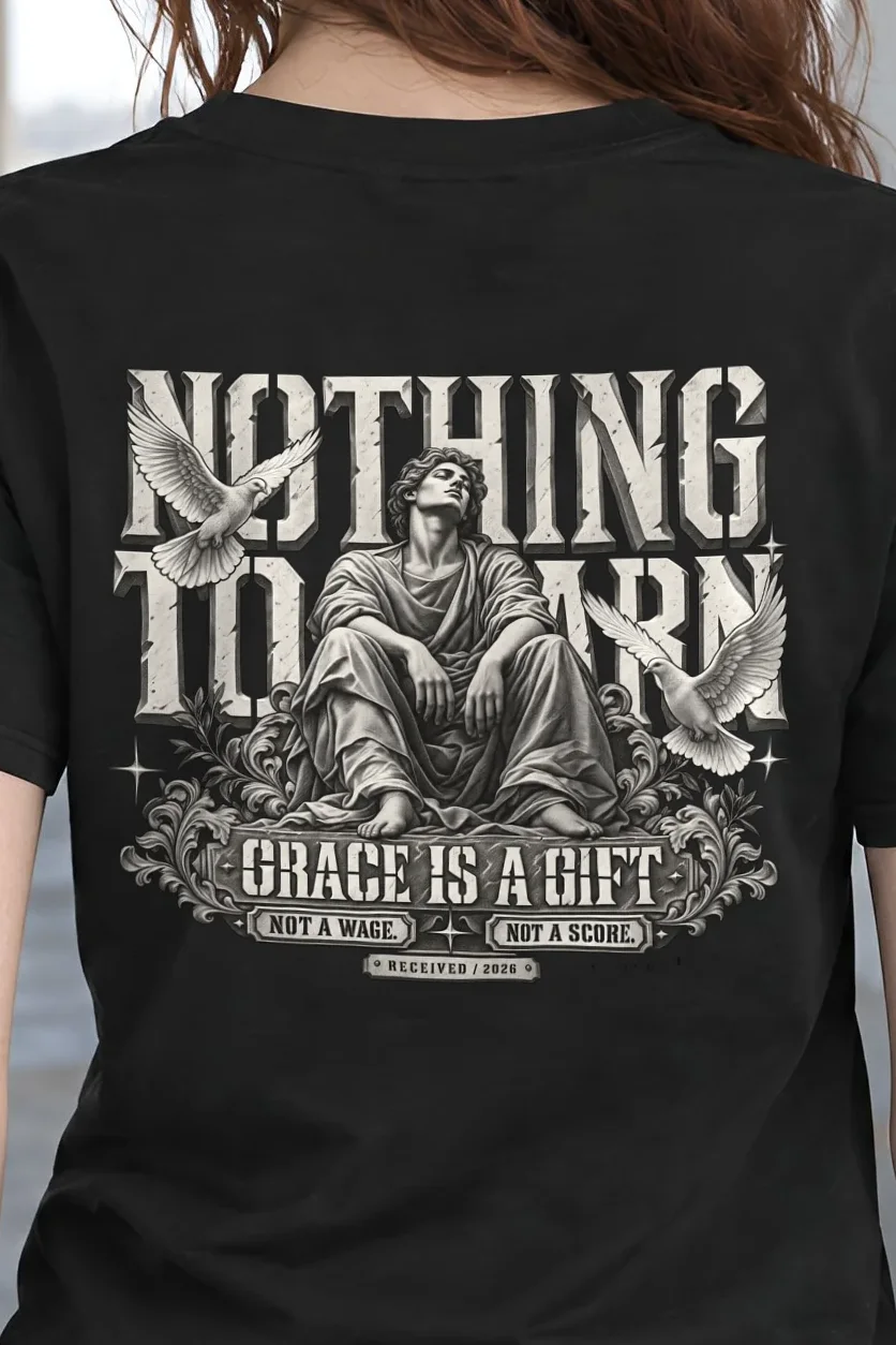 "Nothing to Earn Grace" Heavyweight Unisex Crewneck T-shirt - the graphic up close