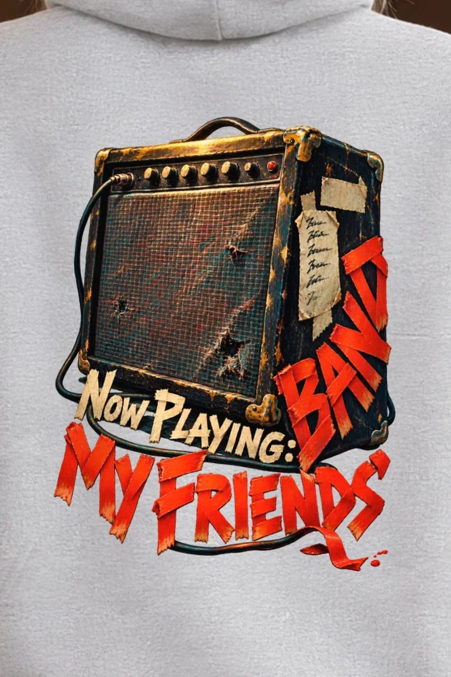 "Now Playing: My Friends’ Band" Heavy Blend Unisex Pullover Hoodie - the graphic up close