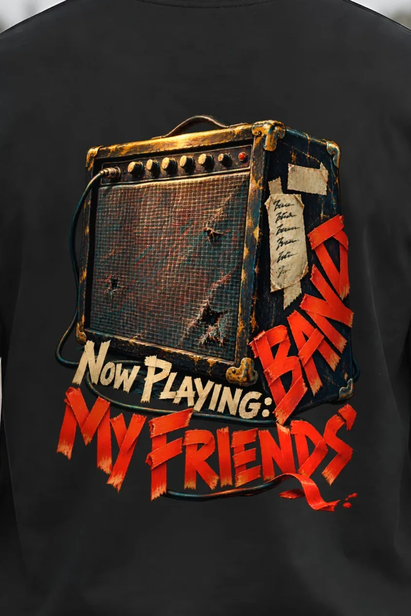 "Now Playing: My Friends’ Band" Unisex Longsleeve T-shirt - the graphic up close