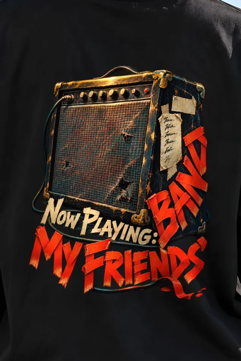 "Now Playing: My Friends’ Band" Unisex Oversized Heavyweight Crewneck T-Shirt - the graphic up close