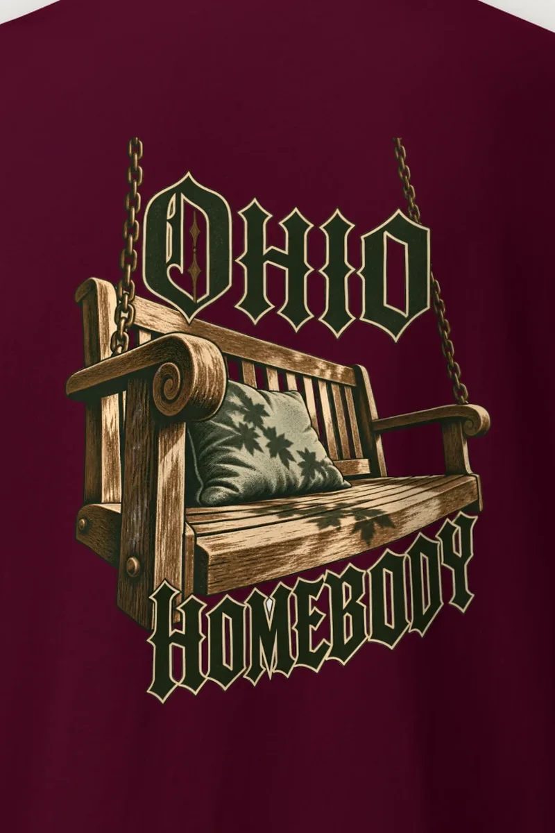"Ohio Homebody Porch Swing" Heavyweight Unisex Crewneck T-shirt - the graphic up close