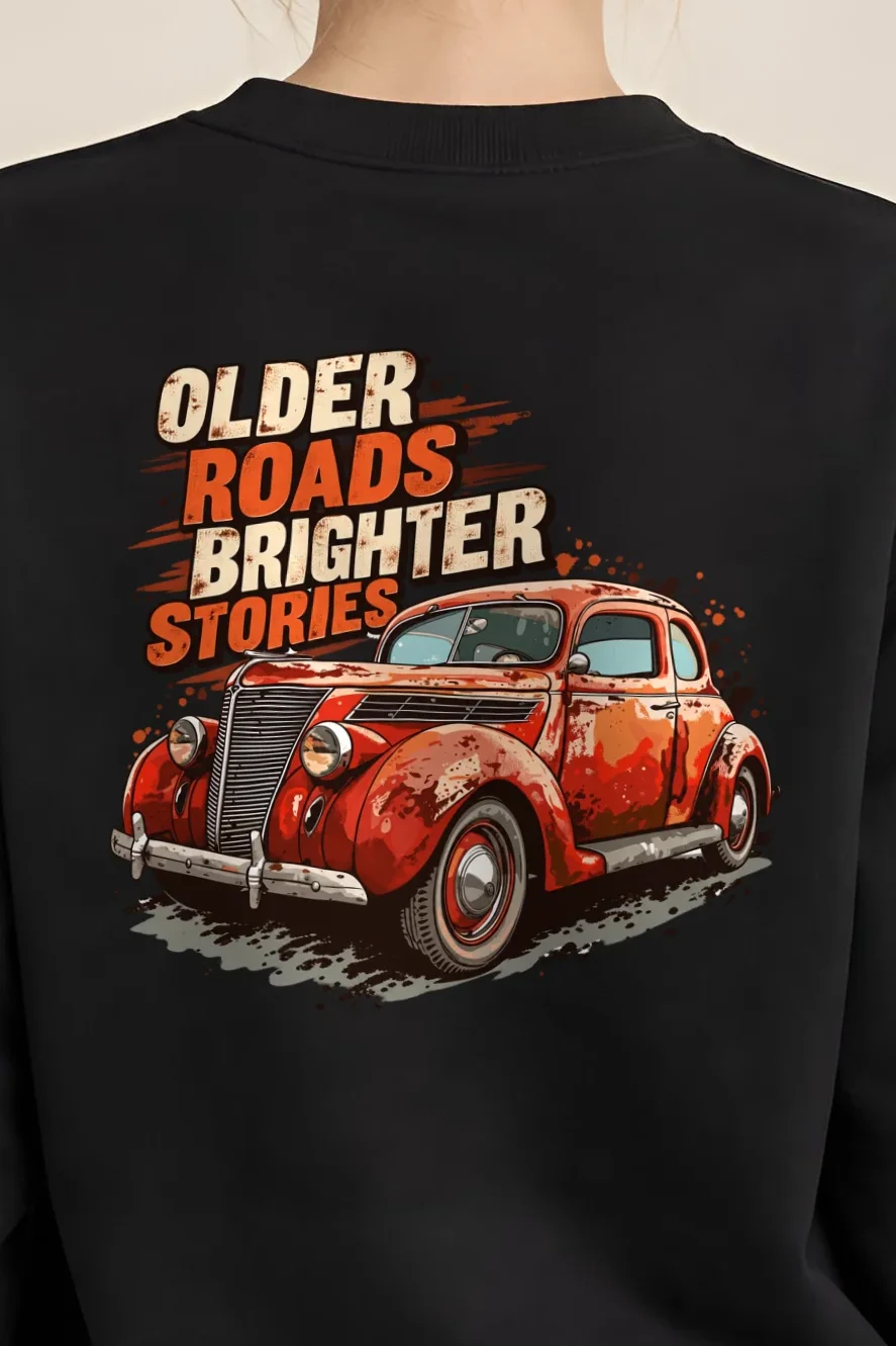 "Older Roads Brighter Stories" 1 Crewneck Sweatshirt - the graphic up close