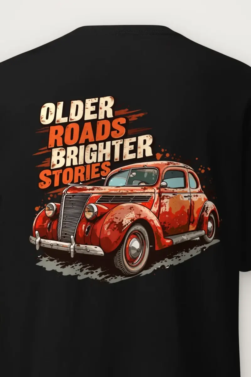 "Older Roads Brighter Stories" Heavyweight Unisex Crewneck T-shirt - the graphic up close