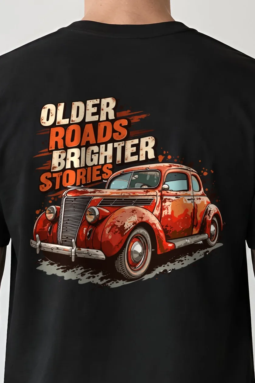 "Older Roads Brighter Stories" Heavyweight Unisex Crewneck T-shirt - the graphic up close