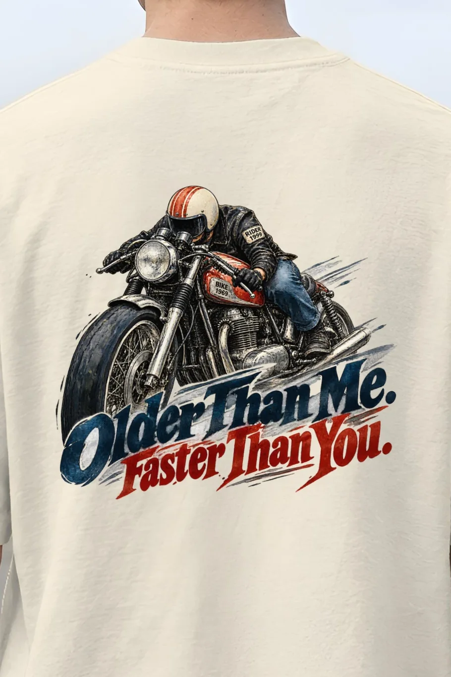 "Older Than Me Faster Than You" Unisex Oversized Heavyweight Crewneck T-Shirt - the graphic up close