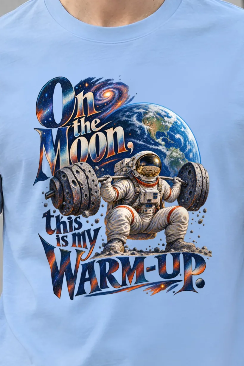 "On the Moon Warm-Up" Heavyweight Unisex Crewneck T-shirt - the graphic up close