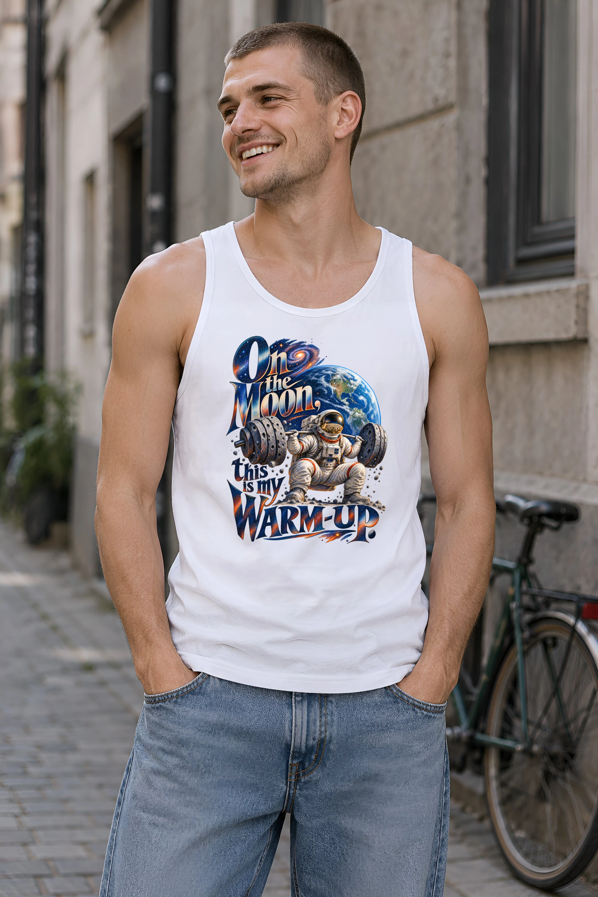 "On the Moon, Warm-Up" Unisex Jersey Tank